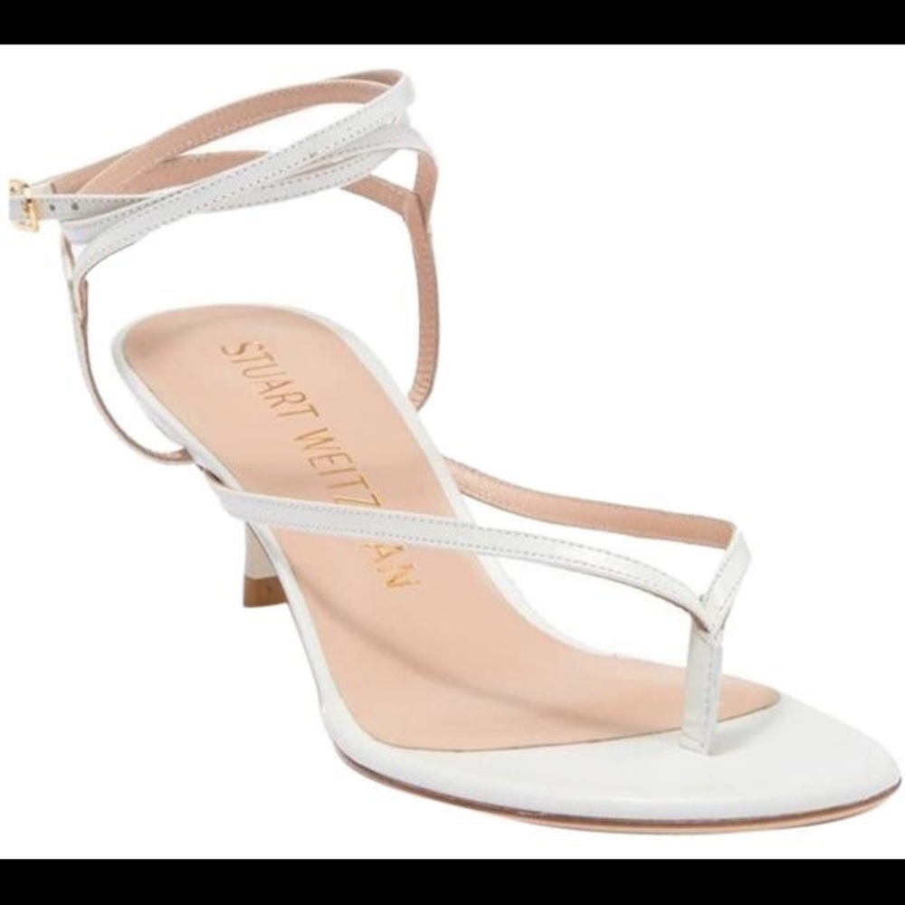 Stuart Weitzman Jimena White Kitten Heel Sandal with Ankle Wrap